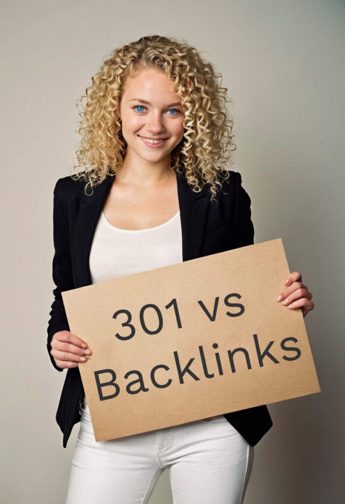 Een vrouw die een bord vast heeft met de tekst: "301 vs backlinks".