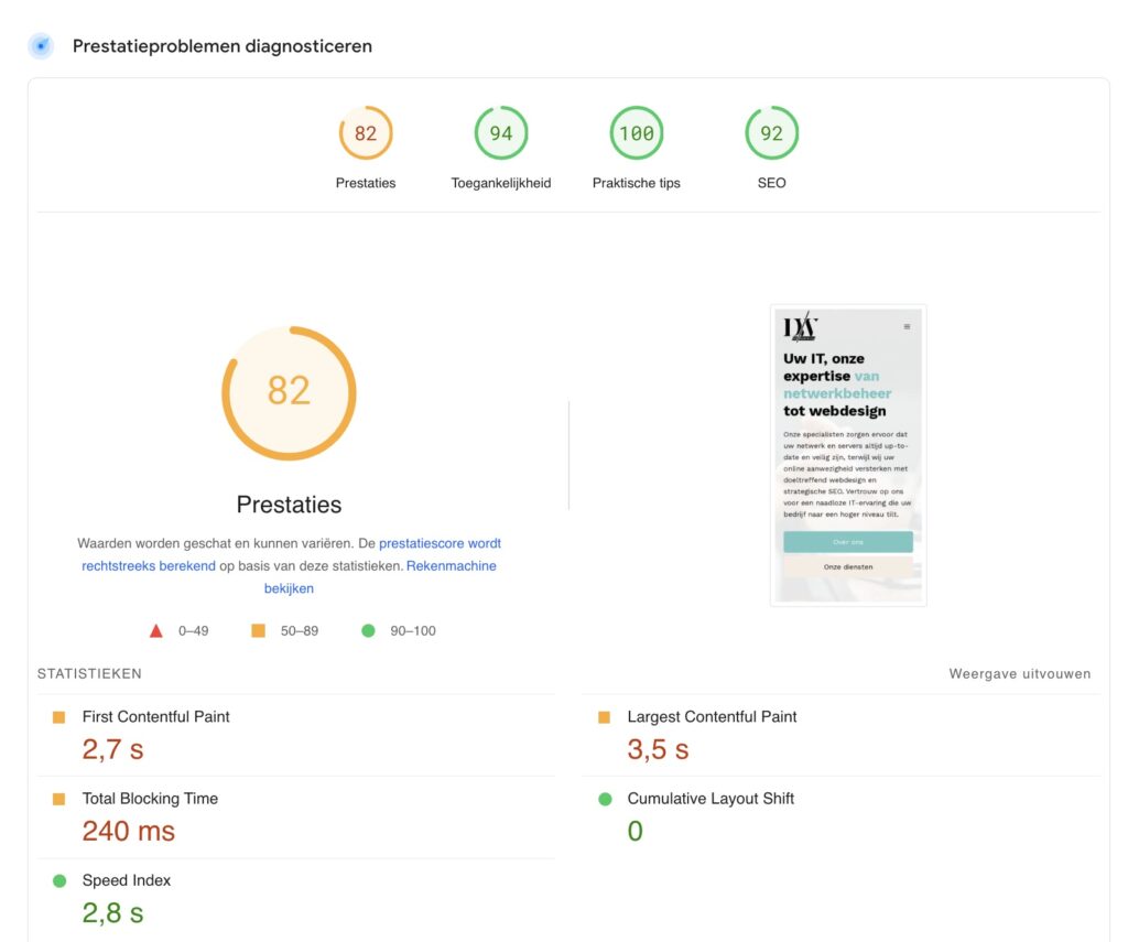 De resultaten van Google PageSpeed Insights, hiermee kan je zien hoe snel je website is om uiteindelijk je website sneller te maken.
