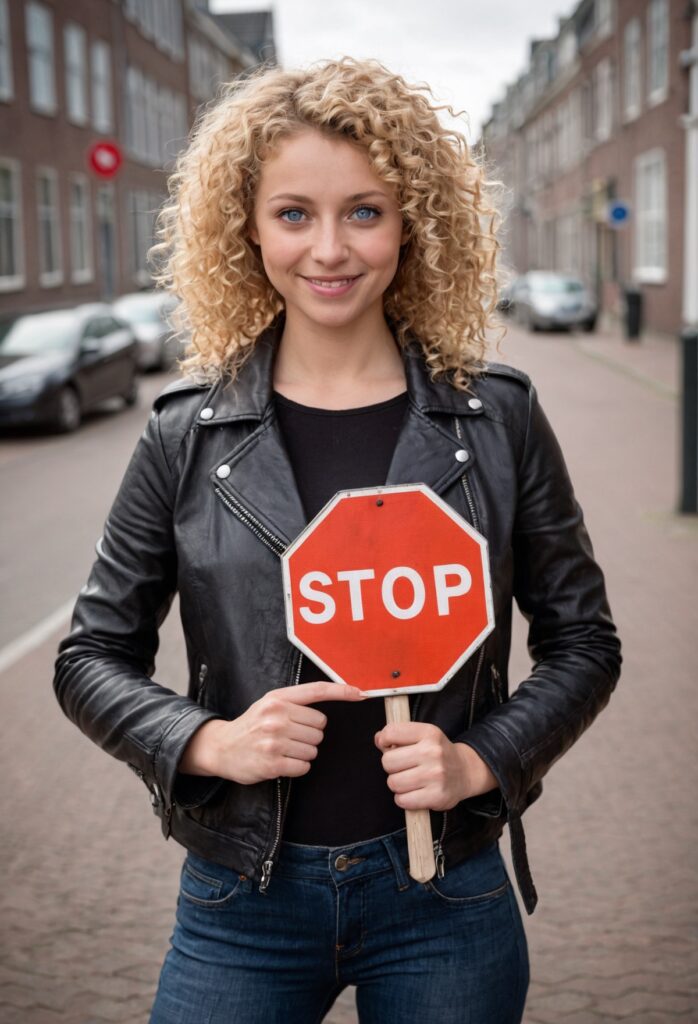 een vrouw die een stop bord vast houd - symboliek voor een nofollow link
