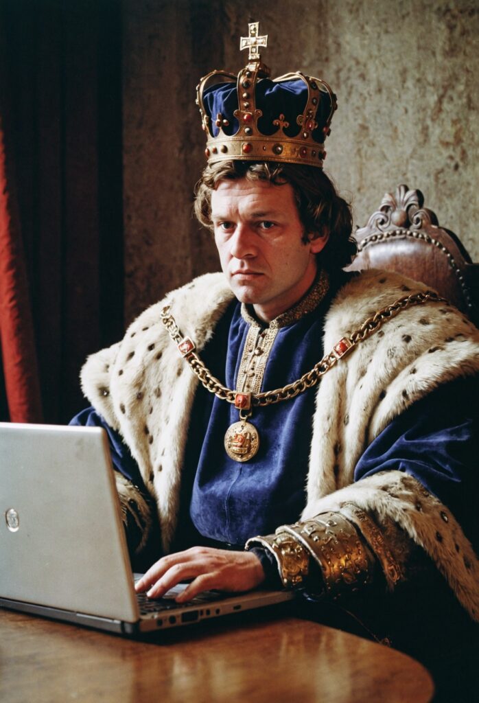 De koning op een laptop die zijn SEO aan het optimaliseren is.
