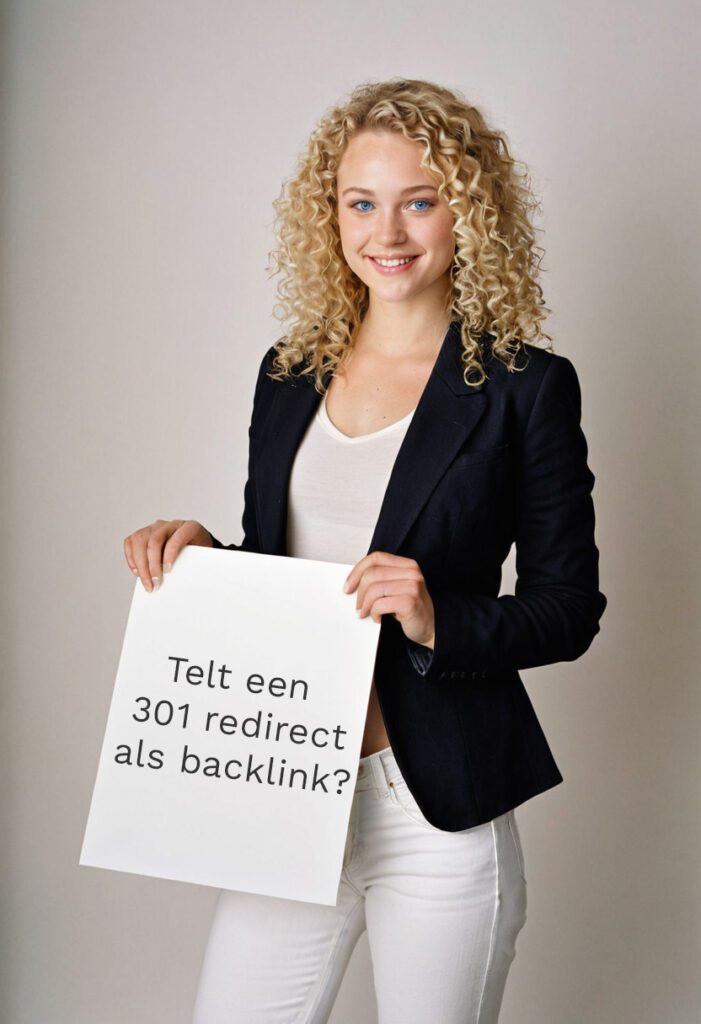 een vrouw die een bord vast heeft met de vraag: telt een 301 redirect als backlink?
